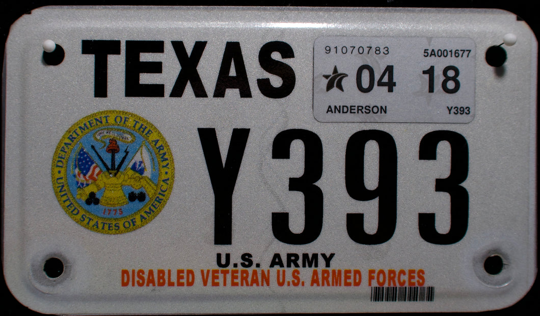 TEXAS DISABLED VETERAN U.S. ARMED FORCES ARMY 2018 Y393